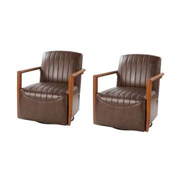 Sara Mid-century Genuine Leather Swivel Chair with Wooden Arms for Living Room Set of 2| Artful Living Design