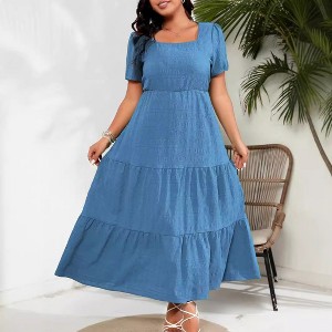 Coolmee Women's Plus Size Summer Maxi Dresses Casual Puff Sleeve Square  Neck High Waist A-Line Flowy Long Dress Blue 1XL : Target