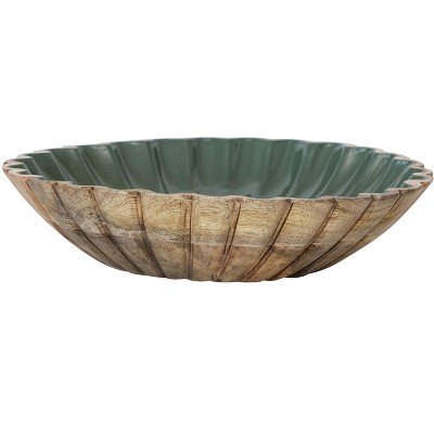 Storied Home Carved Enameled Mango Wood Scalloped Bowl, Green and Natural