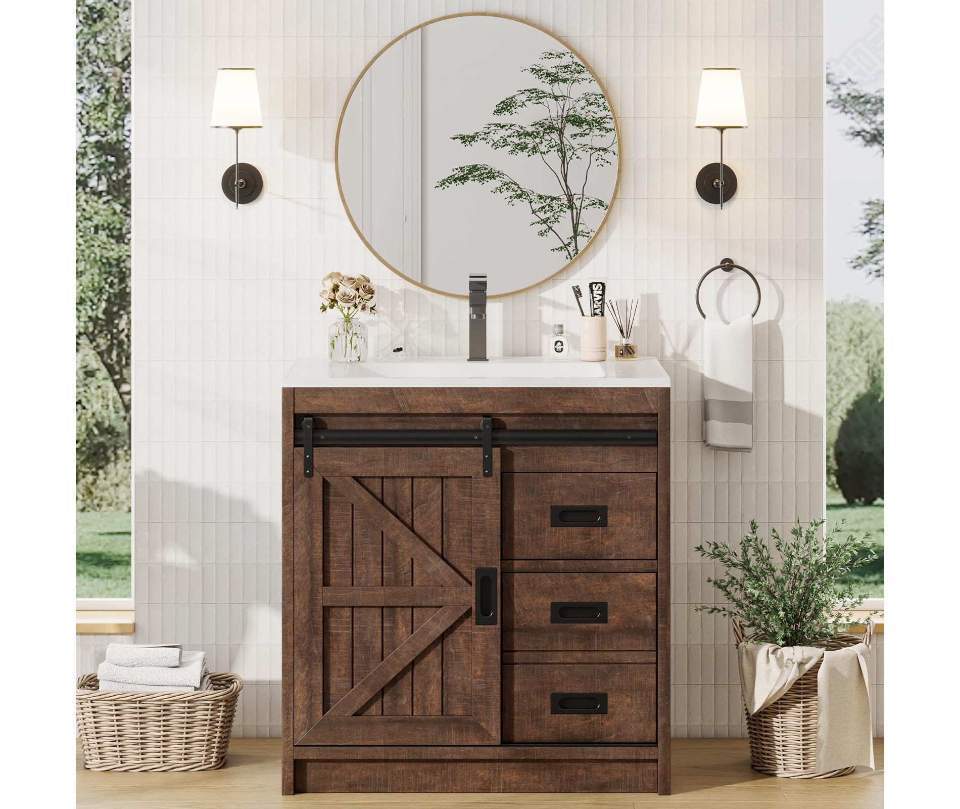 AMERLIFE Farmhouse Bathroom Vanity with Sink Combo, 31in Vanity Cabinet Set with Drawers, Brown