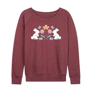 Women's - Instant Message - Stencil Bunnies With Flowers Lightweight French Terry Wide Neck Long Sleeve Shirt - 1 of 4