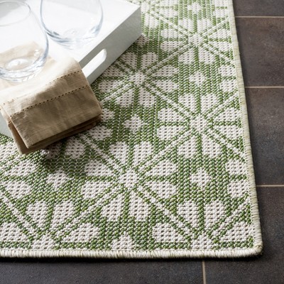 Green and Ivory Hand-Knotted Synthetic Runner Rug