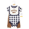 Hudson Baby Infant Boy Cotton Bodysuit, Pant and Bib Set, Brown Navy Mamas Boy - 2 of 4