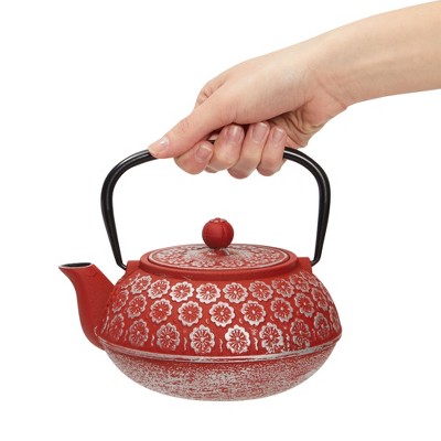 Red Floral Cast Iron Japanese Teapot with Infuser, 34 oz