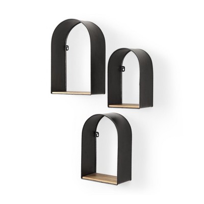 HomeRoots Set Of Three Black And Brown Metal And Solid Wood Arched Wall Mounted Accent Shelf
