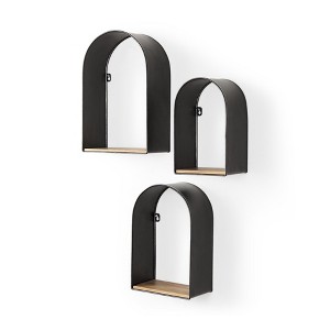 HomeRoots Set Of Three Black And Brown Metal And Solid Wood Arched Wall Mounted Accent Shelf - 1 of 4