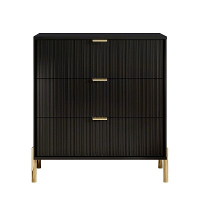 Festivo 3 Drawer Nightstand Black: Modern Scandinavian Style, Metallic Handles, MDF Wood, Ample Storage