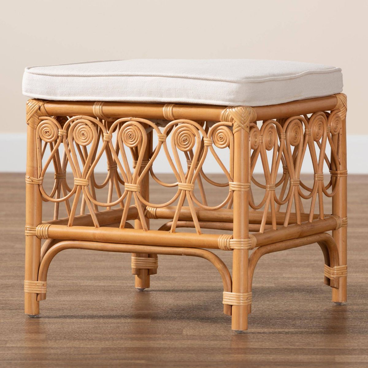 bali & pari Ibiza Rattan Footstool White/Light Honey: Upholstered Polyester, No Assembly Required - thumbnail 7