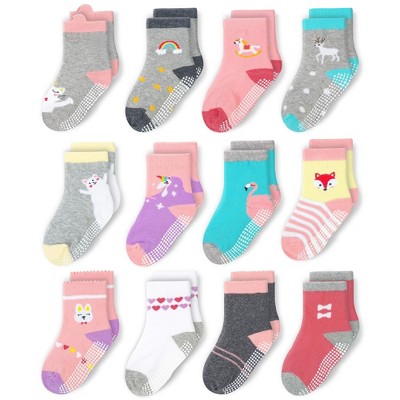 Cozyway Non-Slip Crew Grip Girls Socks, 12 Pack for Girls, Rainbow/Hearts/Animals, 5-7 Years Old