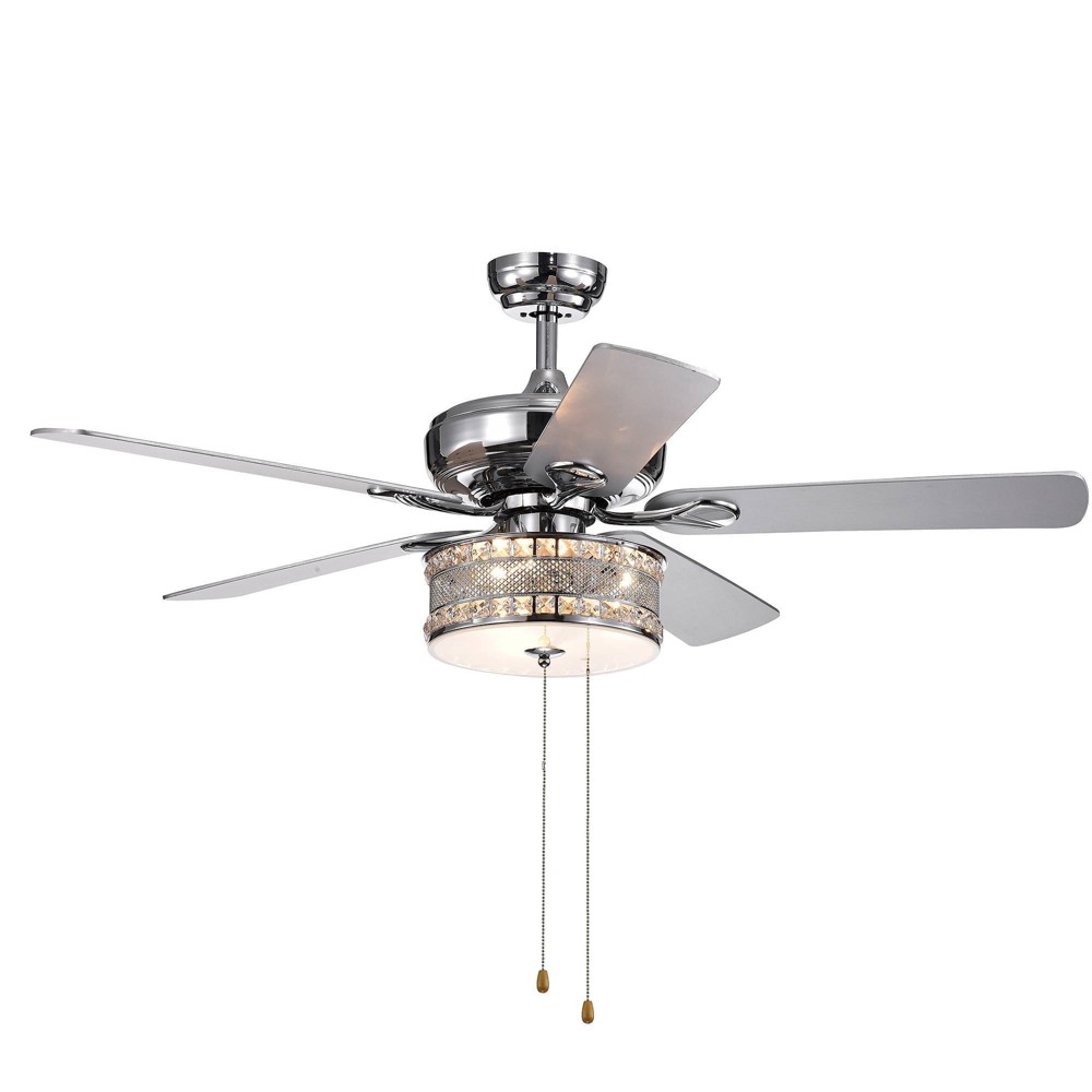 Warehouse Of Tiffany Davrin 5-Blade 52" Chrome Lighted Ceiling Fans with 3-Light Crystal Drum Lamp with Pull Chain
