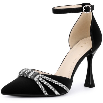 BLISSFUL STEP Women's Pointy Toe Ankle Strap Rhinestone High Heel Pumps