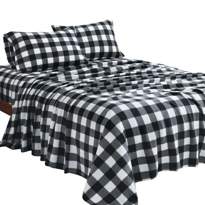 Collections Etc Black And White Buffalo Plaid Fleece Sheet Set