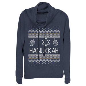 Juniors Womens CHIN UP Hanukkah Ugly Sweater Cowl Neck Sweatshirt - 1 of 3