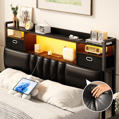 Aheaplus Upholstered Storage Headboard with Charge Station and RGB LED Light