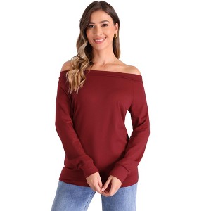 Allegra K Women's Off Shoulder Boat Neck Stretch Knit Long Sleeve Tunics Blouse - 1 of 4