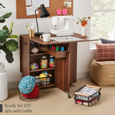 Brown Multipurpose Folding Table with Wheels and Storage Shelves