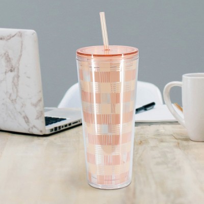 Pink Checkered 23 Ounce Plastic Travel Tumbler with Straw and Lid