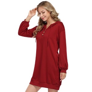 WhizMax Hoodies for Women Long Sleeve Sweatshirt Button Drawstring Casual V-neck Hoodie Dress - 1 of 4