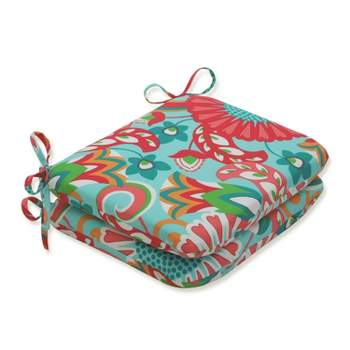 2pc Sophia Rounded Corners Outdoor Seat Cushions Turquoise/Coral - Pillow Perfect
