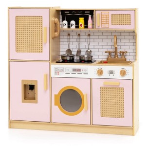 Costway Wooden Kids Kitchen Playset Pretend Play Kitchen with Real Sounds Lights Pink/Yellow - 1 of 4