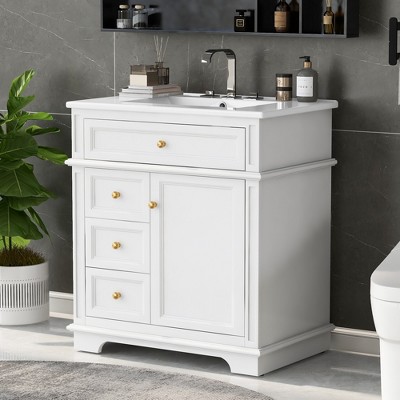 30"W Bathroom Vanity with Sink, Bathroom Cabinet with Door Shelf, 1 Tip-out Drawer, 3 Drawers and Soft Closing Door -ModernLuxe