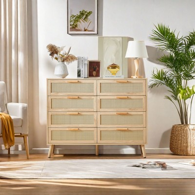 Angel Sar 8 Drawers Rattan Dresser for Bedroom, Wood Dresser with Wooden Pulls, Boho Dresser