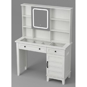 42'' Large Makeup Vanity Set, Farmhouse Vanity Desk with Lighted Mirror, Clear Glass Tabletop & Stool, Wood Dressing Table for Bedroom - 1 of 1