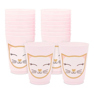 Sparkle and Bash 16 Pack Kittens Plastic Cups Tumblers 16 oz for Cat Birthday Party Supplies, Pink