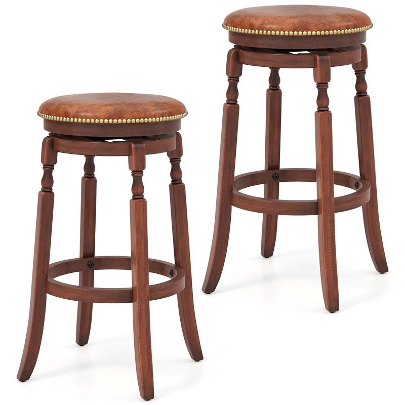 Costway 29" Swivel Bar Stool Set of 2/4 with Upholstered Seat & Rubber Wood Frame Round Walnut, 1 of 8