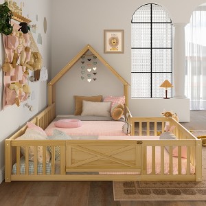 Twin/Full Kids House Floor Bed, Double Twin Floor Bed Frame with Door & Full-Length Guardrails - ModernLuxe - 1 of 4