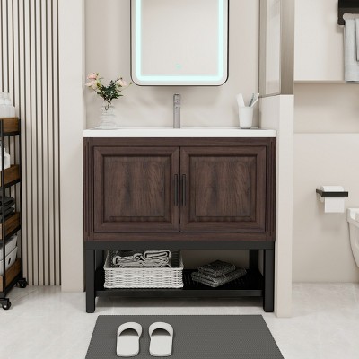 Bathroom Storage Cabinets With 2 Storage Doors, Bathroom Storage Cabinets Floor Standing With Ceramic Sink & Hot And Cold Faucet-Cuddlewood