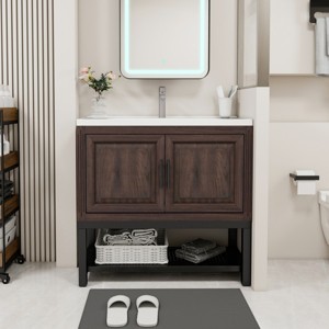 Bathroom Storage Cabinets With 2 Storage Doors, Bathroom Storage Cabinets Floor Standing With Ceramic Sink & Hot And Cold Faucet-Cuddlewood - 1 of 4