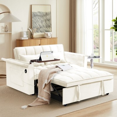 SEVOBAL Foldable Futon Sofa Bed Multi-Functional Pullout Sofa Bed Modern Sofa Velvet Pull-Out Bed Adjustable Back, Beige, 46.37"*37.36"*14.59"