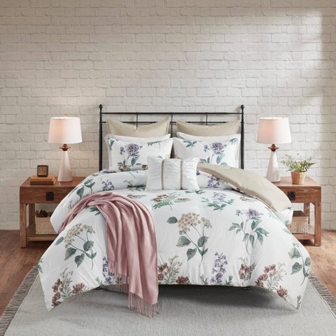Madison Park Full/Queen 7pc Benita Print Seersucker Comforter Set with Throw Blanket Taupe: Hypoallergenic Floral Bedding