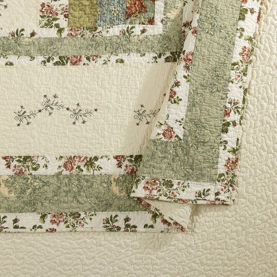 Olivia Green Floral Cotton Full Quilt Set