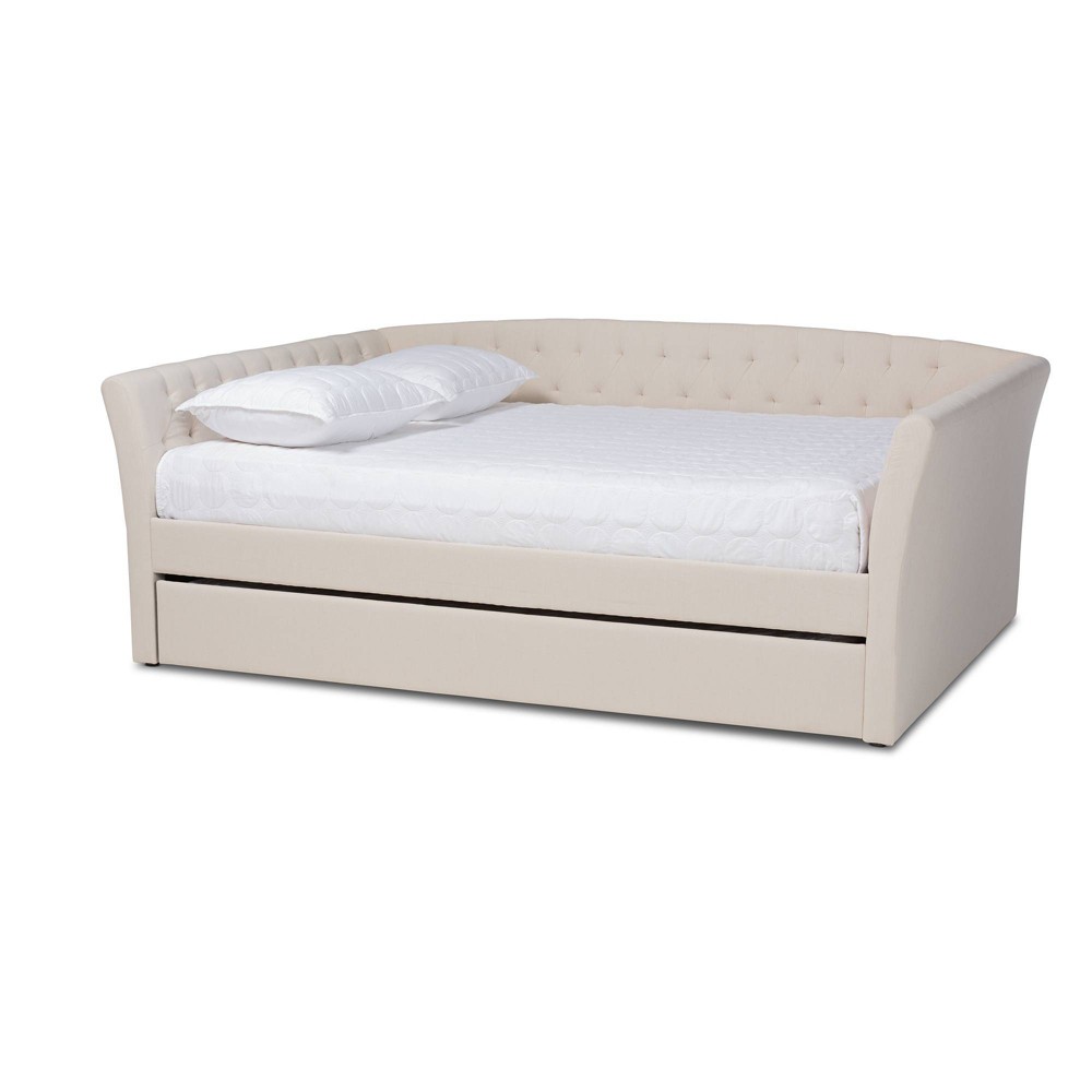 Photos - Bed Frame Queen Delora Upholstered Daybed with Trundle Beige - Baxton Studio