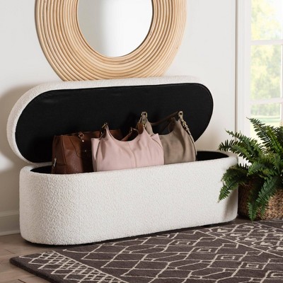 Lavina White Teddy-Bear Fabric Storage Bench with Wooden Legs