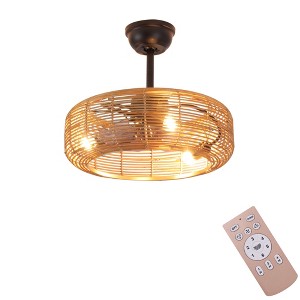 20" Farmhouse Rustic Rattan Ceiling Fan with Handwoven Cage Shade, 3-Light Fixture, 6-Speed Reversible Remote for Cottage, Loft, or Dining Space - 1 of 4