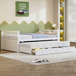 Lyngins Daybed with Pull-Out Trundle & 3 Drawers, Solid Frame Platform Bed, Wood Slat Support, Beds with Storage, Twin Bed Frame - 1 of 4