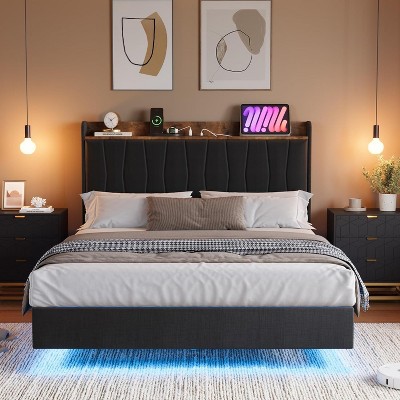 coucheta Floating Bed Frame Full with LED Lights & USB Charging Station – Modern Upholstered Platform Bed with Headboard, Solid Wood Slats Support