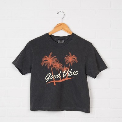 Simply Sage Market Women's  Good Vibes Palm Trees Short Sleeve Relaxed Fit Cropped Graphic Tee