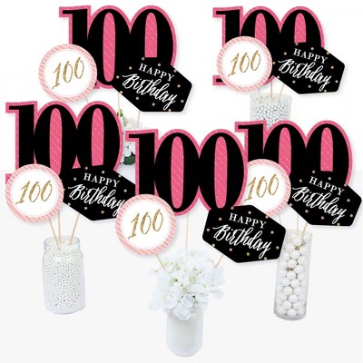 Big Dot of Happiness Chic 100th Birthday - Pink, Black and Gold - Birthday Party Centerpiece Sticks - Table Toppers - Set of 15