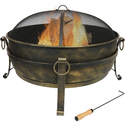 Sunnydaze Outdoor Camping or Backyard Round Cauldron Fire Pit with Spark Screen, Log Poker, and Metal Wood Grate