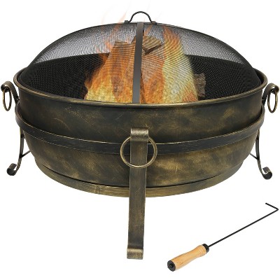 Sunnydaze Outdoor Camping or Backyard Round Cauldron Fire Pit with Spark Screen, Log Poker, and Metal Wood Grate - 34"