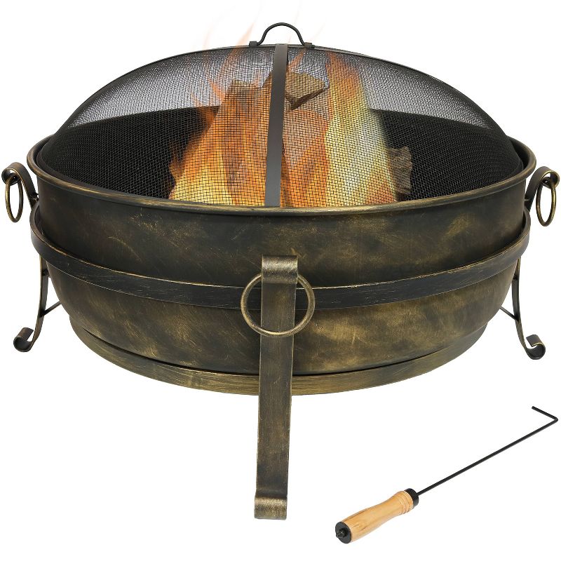 Sunnydaze Outdoor Camping or Backyard Round Cauldron Fire Pit with Spark Screen, Log Poker, and Metal Wood Grate, 1 of 12
