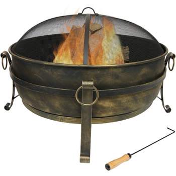 Sunnydaze Outdoor Camping or Backyard Round Cauldron Fire Pit with Spark Screen, Log Poker, and Metal Wood Grate
