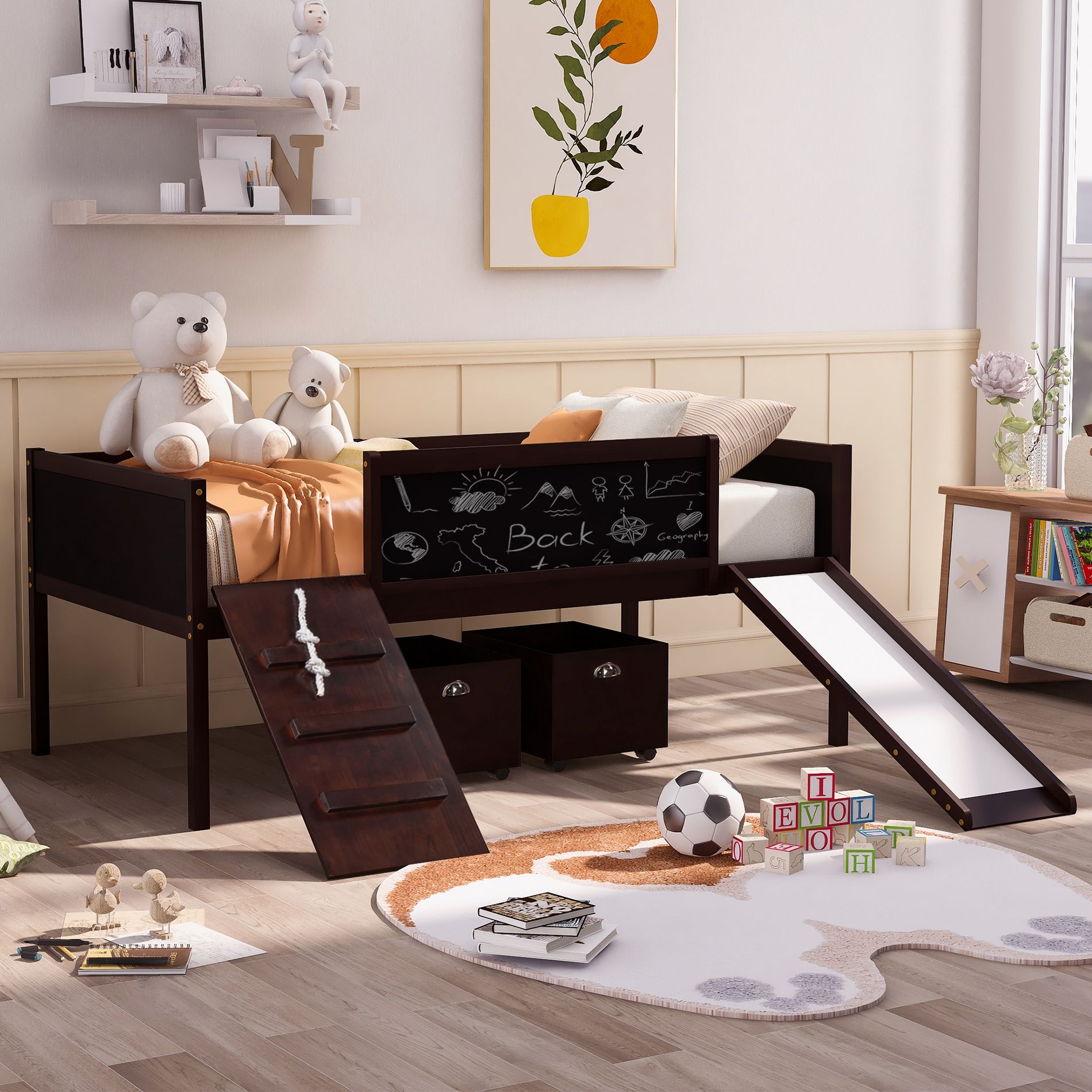 Twin Size Loft Bed with Slide, Storage Boxes, Climbing Frame and Double-Sided Chalkboard, Solid Wood Bed Frame for Kids, Espresso - HABITRIO