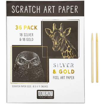 Bright Creations 36 Scratch Sheets with 2 Wooden Styluses for Arts and Crafts, Gold and Silver Foil (8.5 x 11 in)
