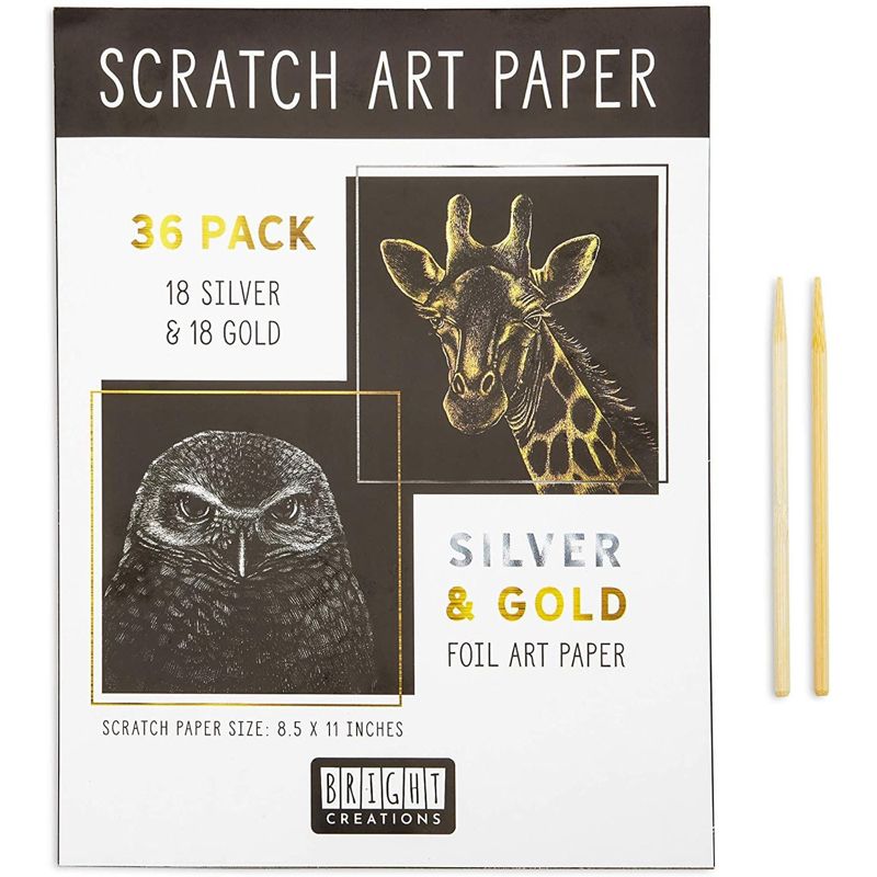 Bright Creations 36 Scratch Sheets with 2 Wooden Styluses for Arts and Crafts, Gold and Silver Foil (8.5 x 11 in), 1 of 6