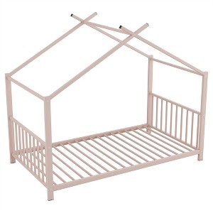 COWLOWN Twin Metal House Platform Bed, Whimsical Roof Design Kids Bed Frame with Guardrails, No Box Spring Needed - 1 of 4